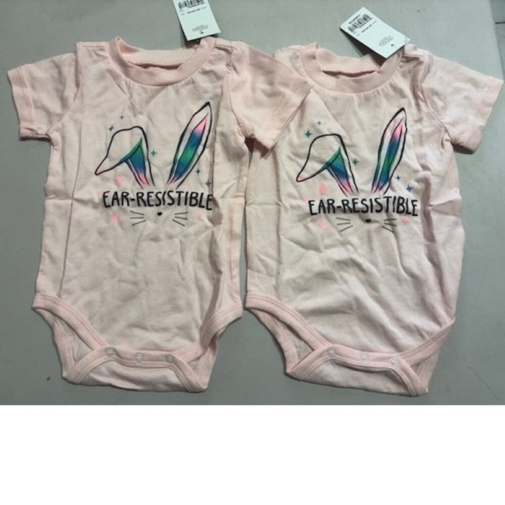 2 Easter Bodysuits 3 months "EAR-RESISTIBLE" Pink Short Sleeve Crew Onesie
